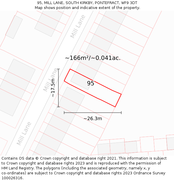 95, MILL LANE, SOUTH KIRKBY, PONTEFRACT, WF9 3DT: Plot and title map