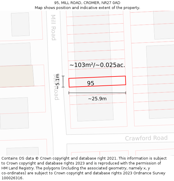 95, MILL ROAD, CROMER, NR27 0AD: Plot and title map