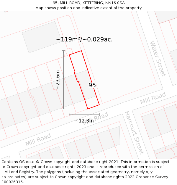 95, MILL ROAD, KETTERING, NN16 0SA: Plot and title map