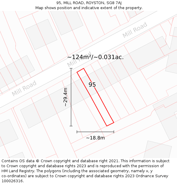 95, MILL ROAD, ROYSTON, SG8 7AJ: Plot and title map