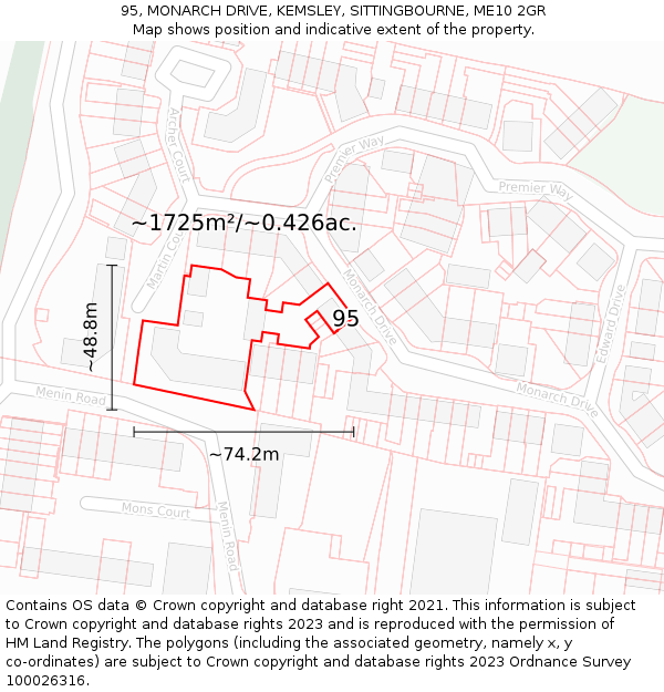 95, MONARCH DRIVE, KEMSLEY, SITTINGBOURNE, ME10 2GR: Plot and title map