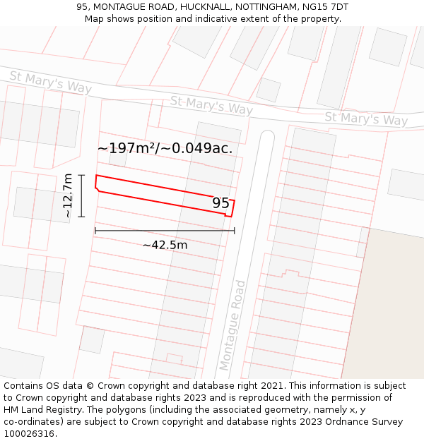 95, MONTAGUE ROAD, HUCKNALL, NOTTINGHAM, NG15 7DT: Plot and title map
