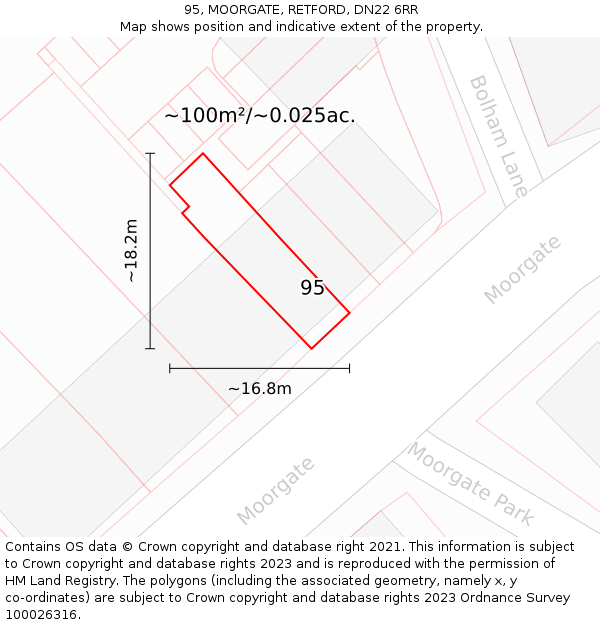 95, MOORGATE, RETFORD, DN22 6RR: Plot and title map
