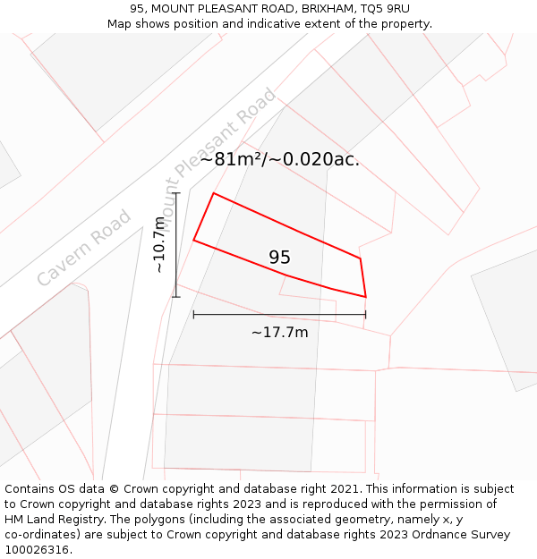 95, MOUNT PLEASANT ROAD, BRIXHAM, TQ5 9RU: Plot and title map