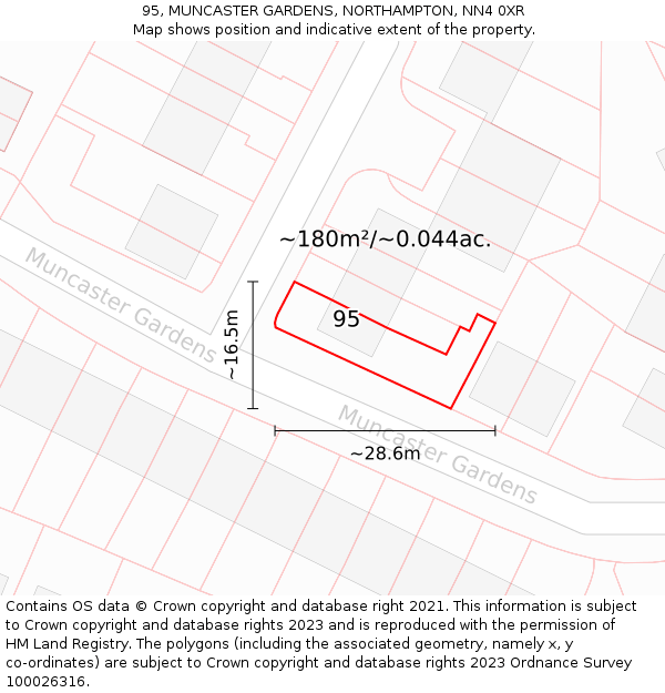 95, MUNCASTER GARDENS, NORTHAMPTON, NN4 0XR: Plot and title map