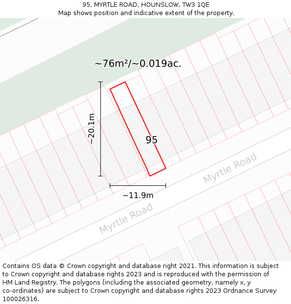 95, MYRTLE ROAD, HOUNSLOW, TW3 1QE: Plot and title map