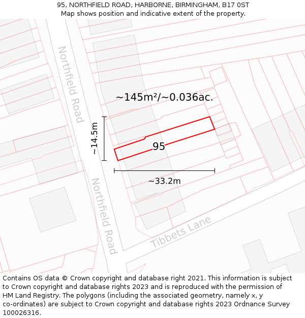 95, NORTHFIELD ROAD, HARBORNE, BIRMINGHAM, B17 0ST: Plot and title map