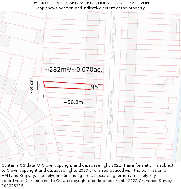 95, NORTHUMBERLAND AVENUE, HORNCHURCH, RM11 2HN: Plot and title map