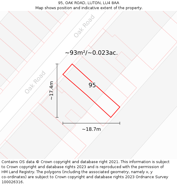 95, OAK ROAD, LUTON, LU4 8AA: Plot and title map