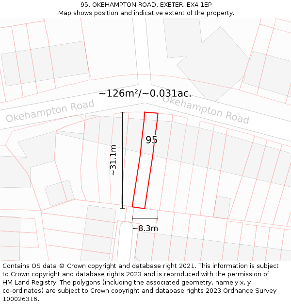 95, OKEHAMPTON ROAD, EXETER, EX4 1EP: Plot and title map