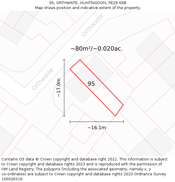 95, ORTHWAITE, HUNTINGDON, PE29 6XB: Plot and title map