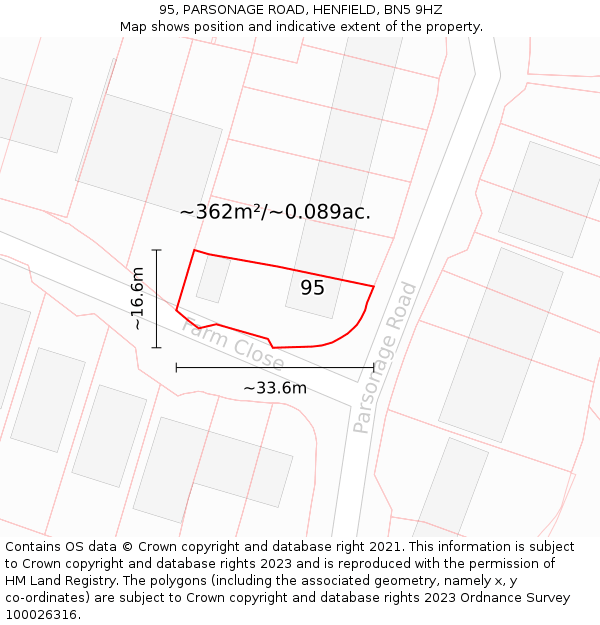 95, PARSONAGE ROAD, HENFIELD, BN5 9HZ: Plot and title map