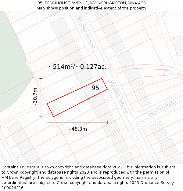 95, PENNHOUSE AVENUE, WOLVERHAMPTON, WV4 4BD: Plot and title map