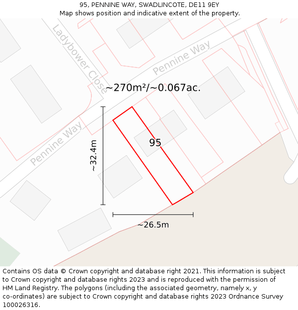95, PENNINE WAY, SWADLINCOTE, DE11 9EY: Plot and title map
