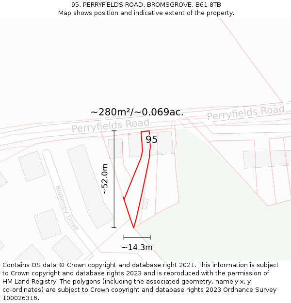 95, PERRYFIELDS ROAD, BROMSGROVE, B61 8TB: Plot and title map