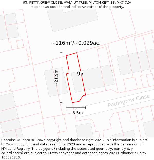 95, PETTINGREW CLOSE, WALNUT TREE, MILTON KEYNES, MK7 7LW: Plot and title map