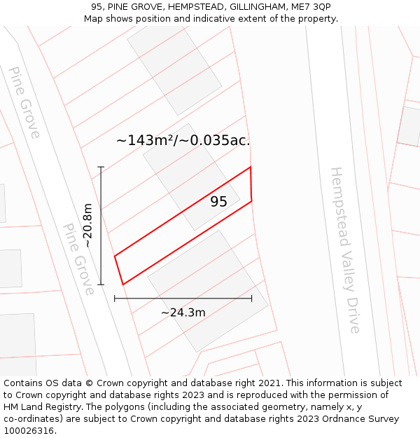 95, PINE GROVE, HEMPSTEAD, GILLINGHAM, ME7 3QP: Plot and title map