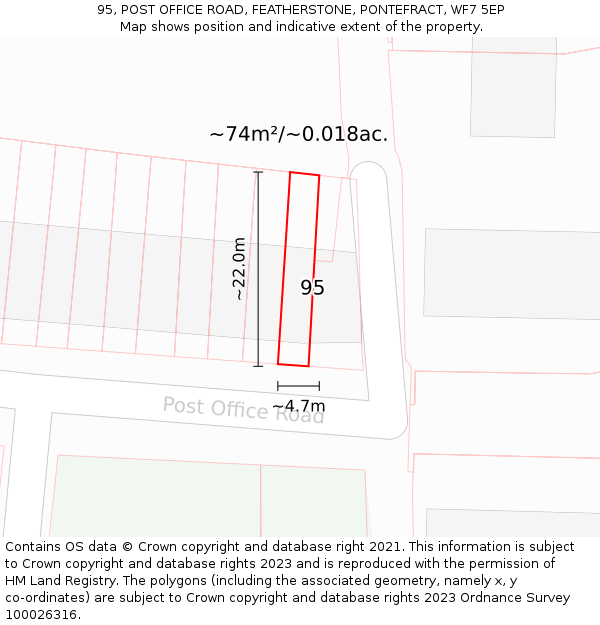 95, POST OFFICE ROAD, FEATHERSTONE, PONTEFRACT, WF7 5EP: Plot and title map