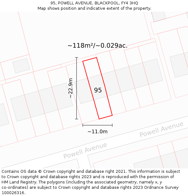 95, POWELL AVENUE, BLACKPOOL, FY4 3HQ: Plot and title map