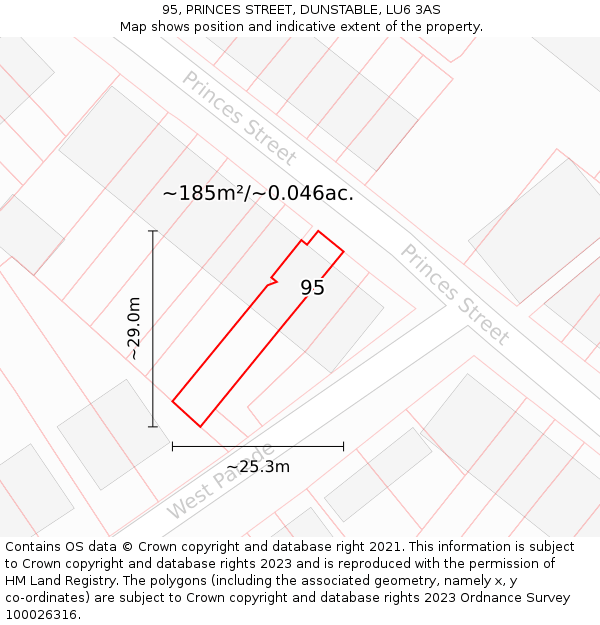 95, PRINCES STREET, DUNSTABLE, LU6 3AS: Plot and title map