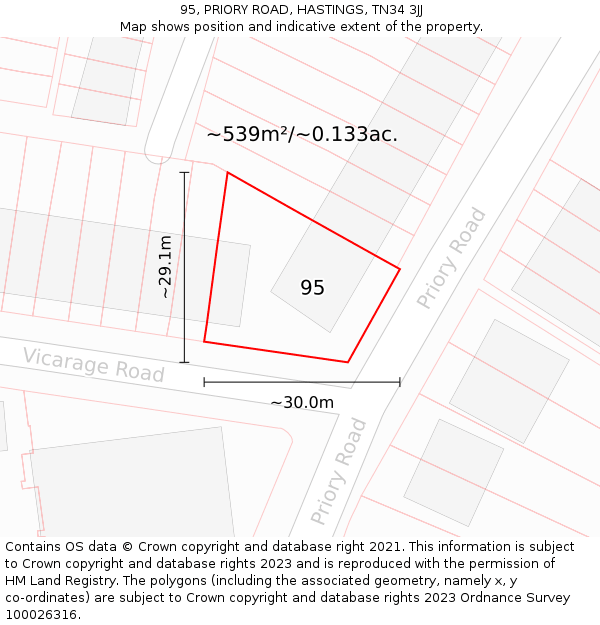 95, PRIORY ROAD, HASTINGS, TN34 3JJ: Plot and title map