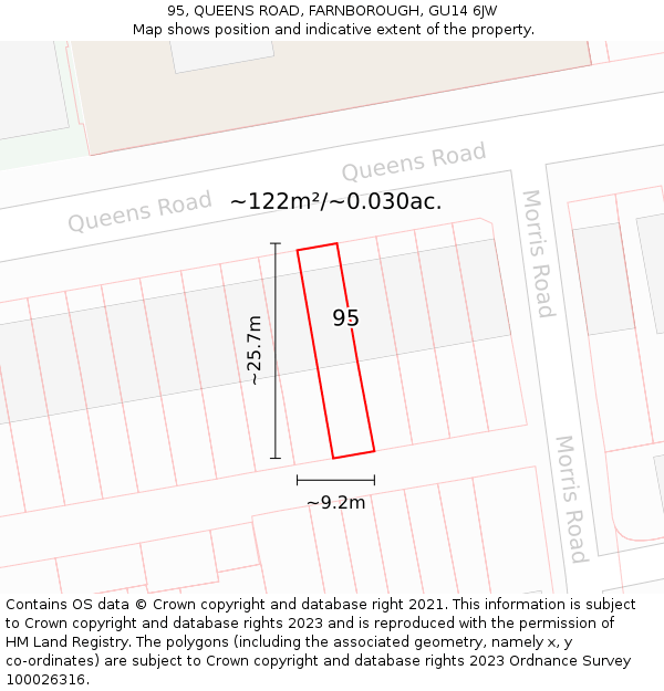 95, QUEENS ROAD, FARNBOROUGH, GU14 6JW: Plot and title map