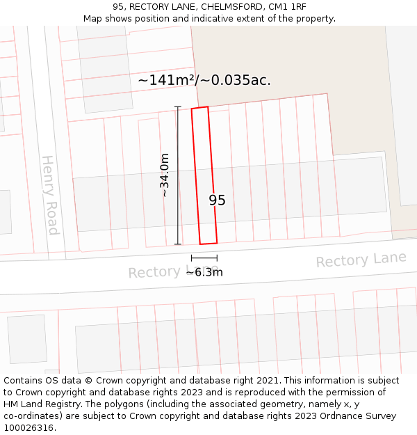 95, RECTORY LANE, CHELMSFORD, CM1 1RF: Plot and title map