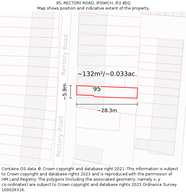 95, RECTORY ROAD, IPSWICH, IP2 8EQ: Plot and title map