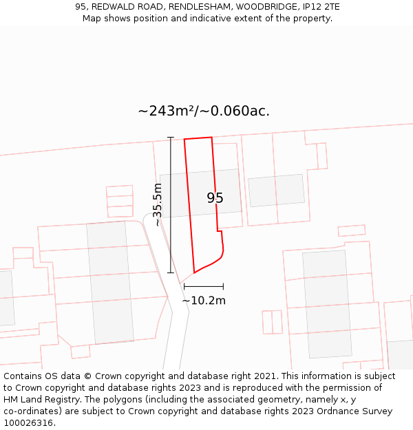 95, REDWALD ROAD, RENDLESHAM, WOODBRIDGE, IP12 2TE: Plot and title map