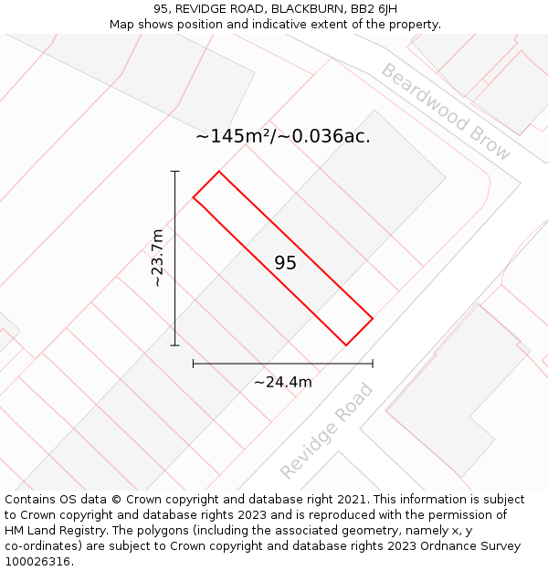 95, REVIDGE ROAD, BLACKBURN, BB2 6JH: Plot and title map