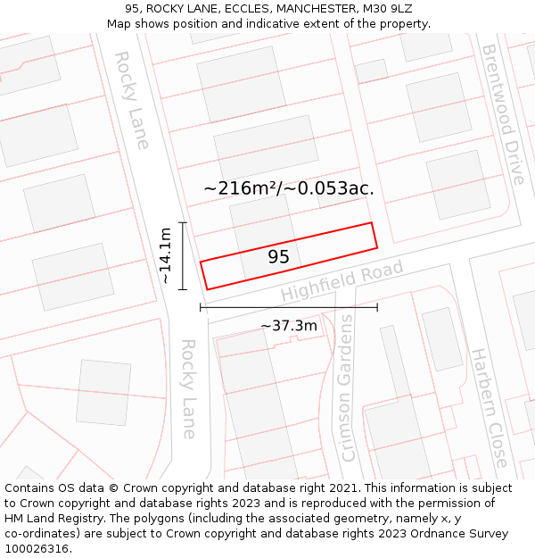 95, ROCKY LANE, ECCLES, MANCHESTER, M30 9LZ: Plot and title map