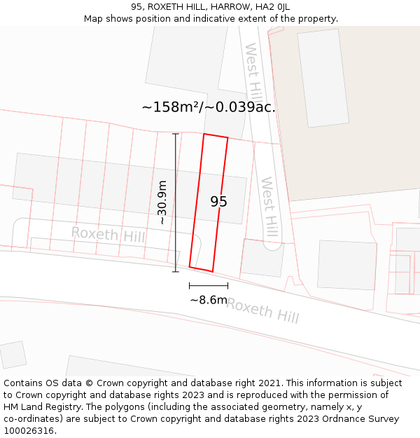 95, ROXETH HILL, HARROW, HA2 0JL: Plot and title map