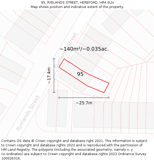 95, RYELANDS STREET, HEREFORD, HR4 0LN: Plot and title map