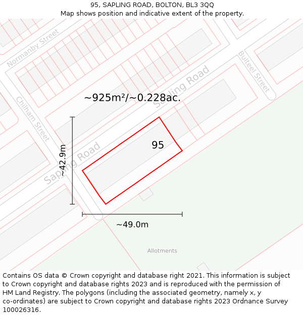 95, SAPLING ROAD, BOLTON, BL3 3QQ: Plot and title map
