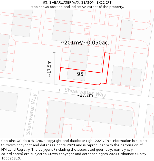 95, SHEARWATER WAY, SEATON, EX12 2FT: Plot and title map