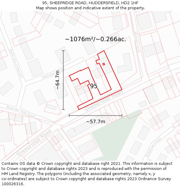 95, SHEEPRIDGE ROAD, HUDDERSFIELD, HD2 1HF: Plot and title map
