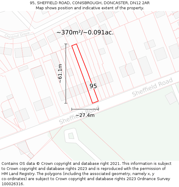 95, SHEFFIELD ROAD, CONISBROUGH, DONCASTER, DN12 2AR: Plot and title map
