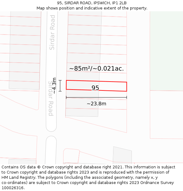 95, SIRDAR ROAD, IPSWICH, IP1 2LB: Plot and title map