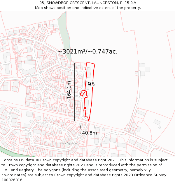 95, SNOWDROP CRESCENT, LAUNCESTON, PL15 9JA: Plot and title map