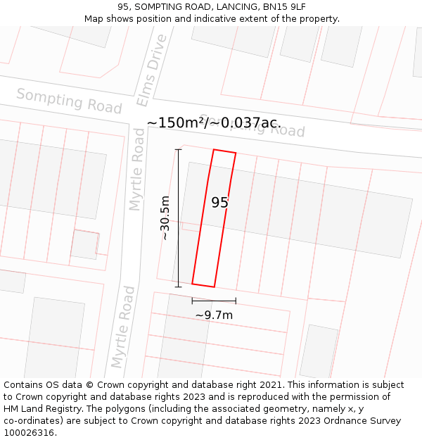 95, SOMPTING ROAD, LANCING, BN15 9LF: Plot and title map