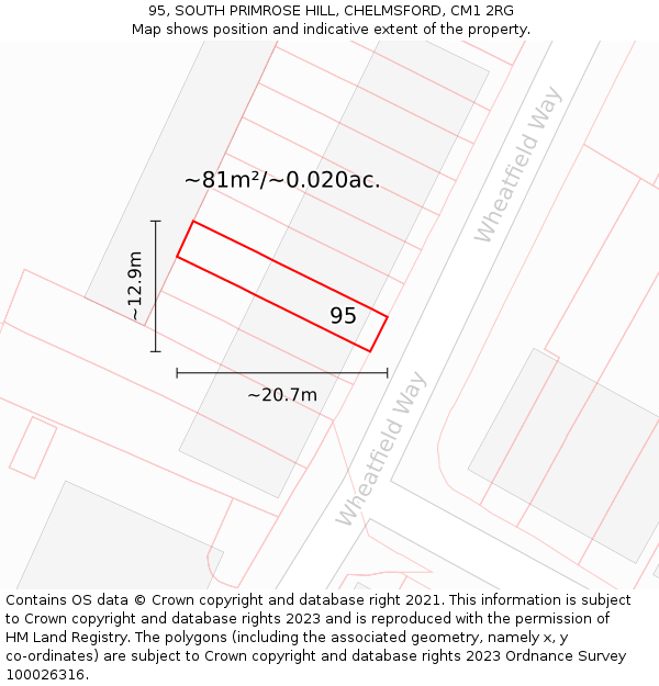 95, SOUTH PRIMROSE HILL, CHELMSFORD, CM1 2RG: Plot and title map