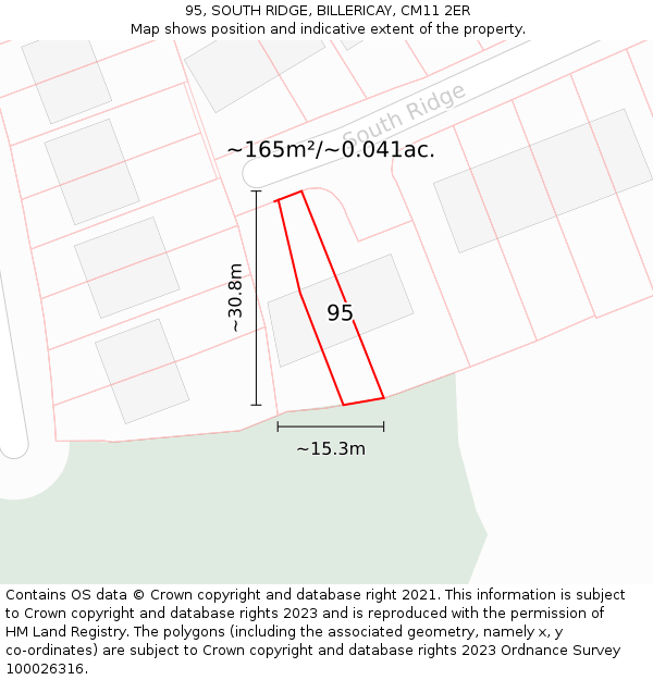 95, SOUTH RIDGE, BILLERICAY, CM11 2ER: Plot and title map