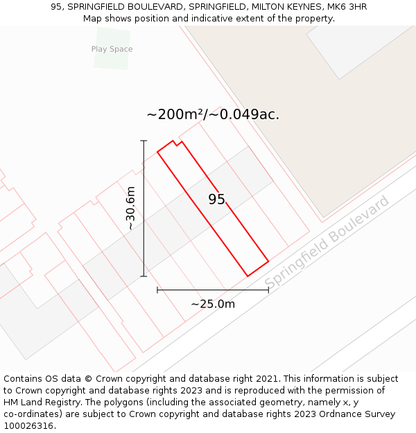 95, SPRINGFIELD BOULEVARD, SPRINGFIELD, MILTON KEYNES, MK6 3HR: Plot and title map