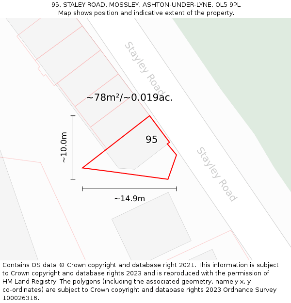 95, STALEY ROAD, MOSSLEY, ASHTON-UNDER-LYNE, OL5 9PL: Plot and title map