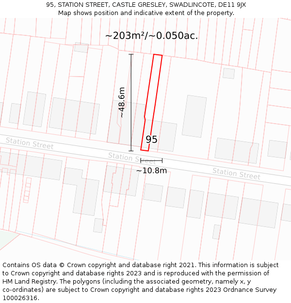 95, STATION STREET, CASTLE GRESLEY, SWADLINCOTE, DE11 9JX: Plot and title map