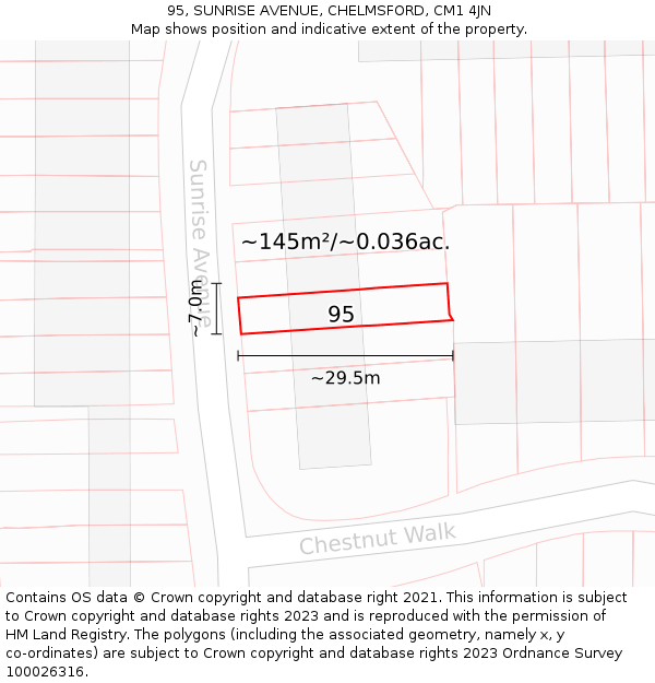95, SUNRISE AVENUE, CHELMSFORD, CM1 4JN: Plot and title map
