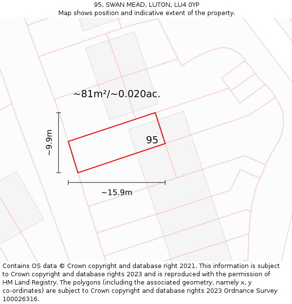 95, SWAN MEAD, LUTON, LU4 0YP: Plot and title map