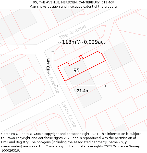 95, THE AVENUE, HERSDEN, CANTERBURY, CT3 4GF: Plot and title map