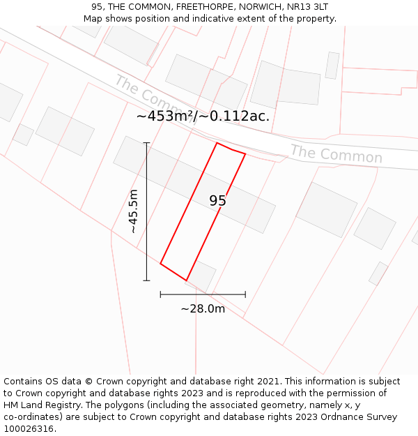 95, THE COMMON, FREETHORPE, NORWICH, NR13 3LT: Plot and title map