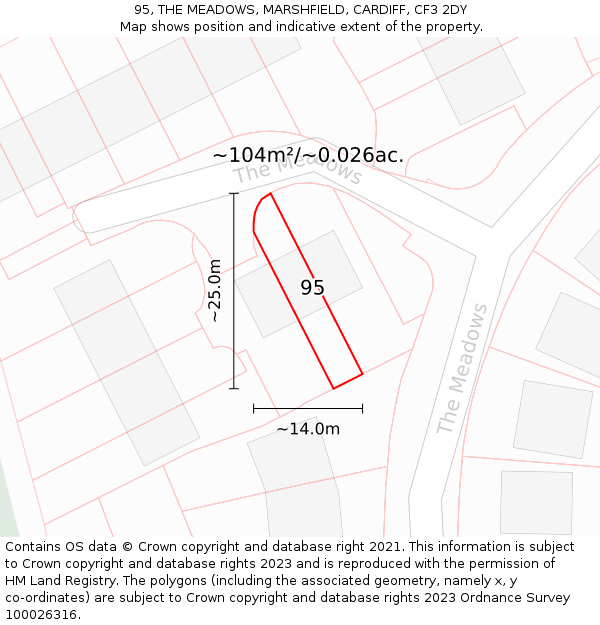 95, THE MEADOWS, MARSHFIELD, CARDIFF, CF3 2DY: Plot and title map